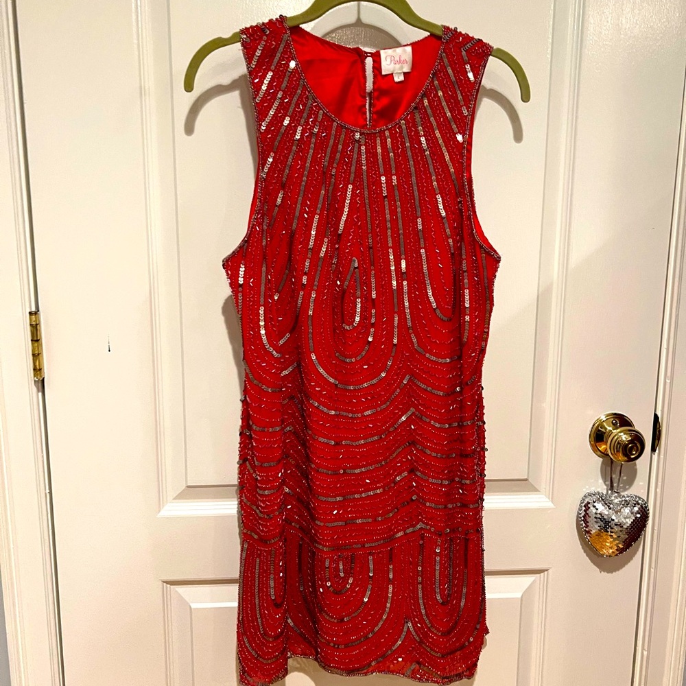 Parker sequined and beaded vintage silk cocktail dress in rose pink